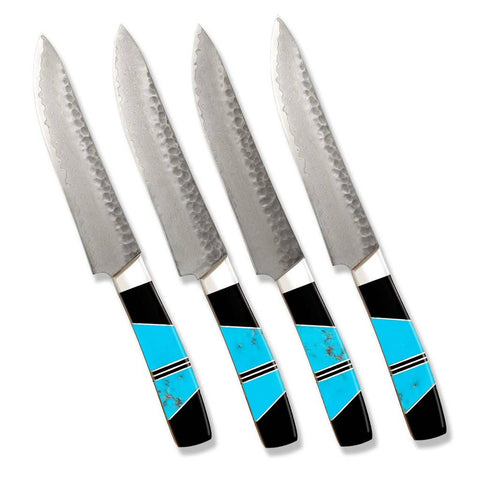 Santa Fe Stoneworks Hammered Damascus Steak Knives, Set of 4, Turquoise/Jet