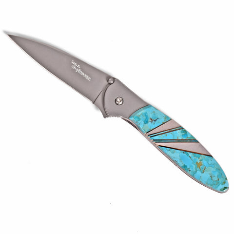 Santa Fe Stoneworks Kershaw Leek Ken Onion 3-inch Pocketknife with Plain Blade, Turquoise/Mother of Pearl