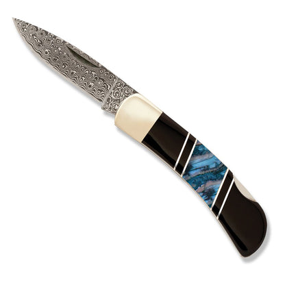 Santa Fe Stoneworks Blue Woolly Mammoth & Jet Damascus 3-inch Lockback Pocket Knife