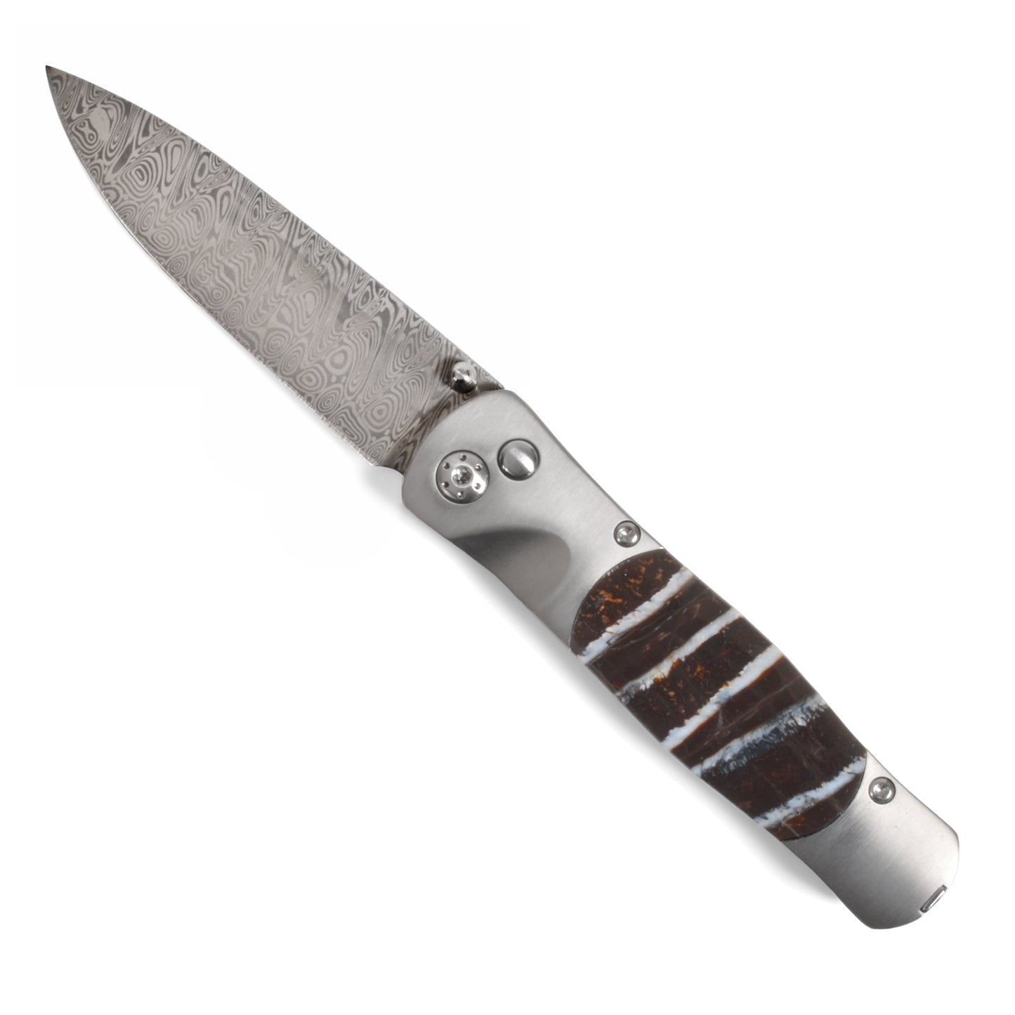 Santa Fe Stoneworks Tesoro 2-3/4-inch Button Lock Pocket Knife with Mammoth Tooth Inlays, Damasteel Blade, and Curly Maple Wooden Gift Box