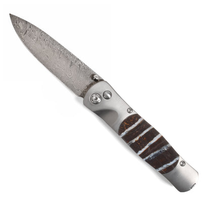 Santa Fe Stoneworks Tesoro 2-3/4-inch Button Lock Pocket Knife with Mammoth Tooth Inlays, Damasteel Blade, and Curly Maple Wooden Gift Box