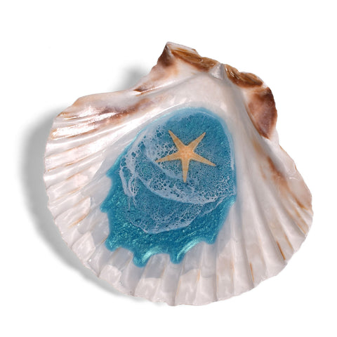 Ocean Wave Scallop Shell Handcrafted Trinket Dish, Turquoise Green