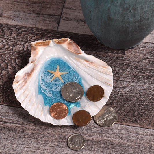 Ocean Wave Scallop Shell Handcrafted Trinket Dish, Turquoise Green
