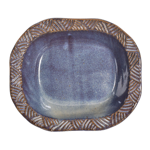 Embossed Rim Oval Serving Bowl, Handmade American Pottery, Blue