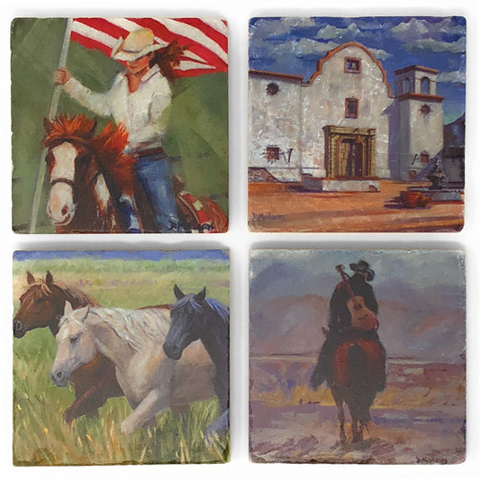 Western Scenes Tumbled Marble Coasters, Set of 4