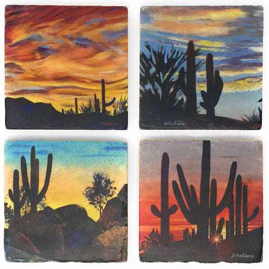 Dove Mountain Cactus Scenes Tumbled Marble Coasters, Set of 4