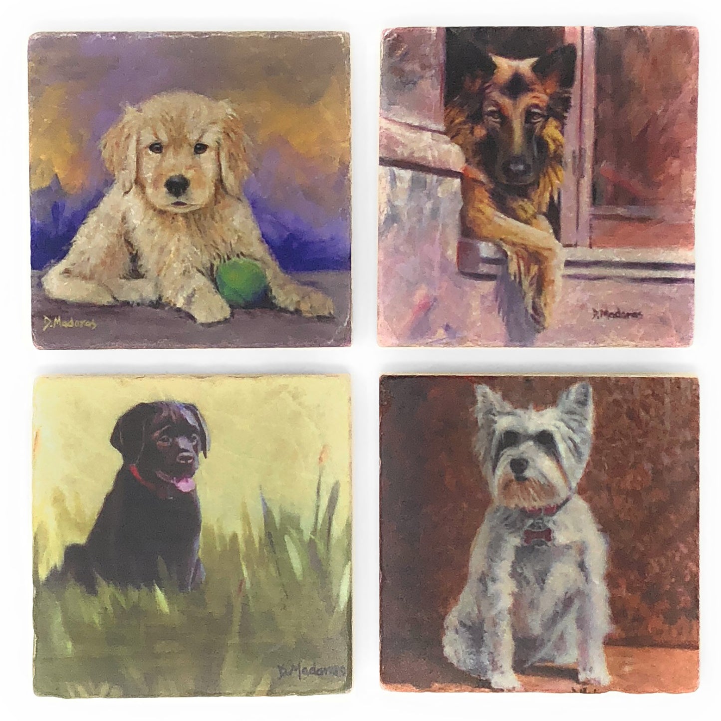 Dog Portraits Tumbled Marble Coasters, Set of 4