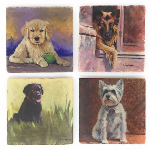 Dog Portraits Tumbled Marble Coasters, Set of 4