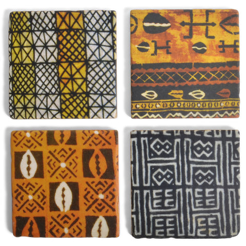 African Mudcloth Print Tumbled Marble Coasters, Set of 4