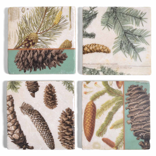 Pinecones Botanical Tumbled Marble Coasters, Set of 4