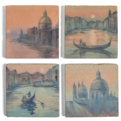 Venice Watercolor Scenes Tumbled Marble Coasters, Set of 4