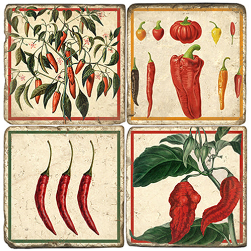 Botanical Peppers Tumbled Marble Coasters, Set of 4