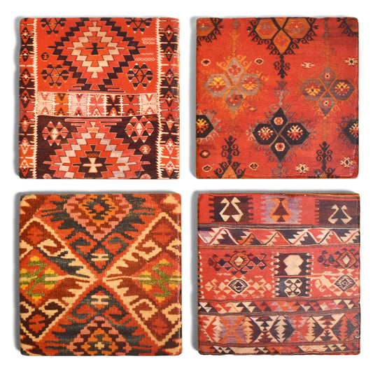 Studio Vertu Red Kilim Patterns Tumbled Marble Coasters, Set of 4