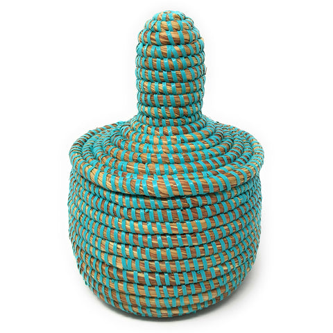 African Fair Trade Handwoven Miniature Warming Basket, Aqua
