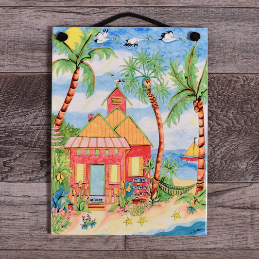 Mungo Key Designs Beach Cottage Welcome 7-3/4 x 6-inch Ceramic Tile Plaque, Handmade in The USA