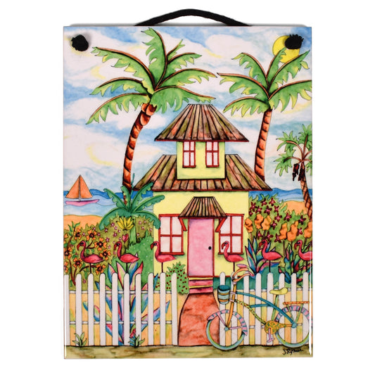 Beach Cottage with Bike 7-3/4 x 6-inch Ceramic Tile Plaque, Handmade in The USA