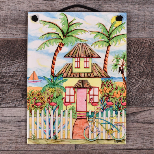 Beach Cottage with Bike 7-3/4 x 6-inch Ceramic Tile Plaque, Handmade in The USA