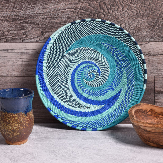 Fair Trade Zulu Telephone Wire 8-inch Platter Basket, Intricate Swirl Pattern, African Ocean (Each One Unique)