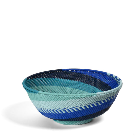 Fair Trade Zulu Telephone Wire 8-inch Round Pedestal Bowl, African Ocean, Simple Swirl Patterns
