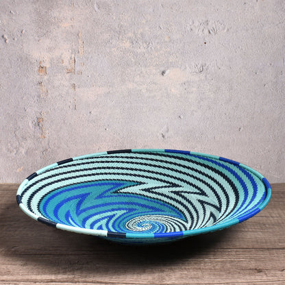 Handmade Fair Trade African Zulu Telephone Wire 12-inch Platter Basket, Intricate Swirl, African Ocean, Each One Unique