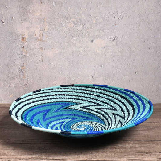 Handmade Fair Trade African Zulu Telephone Wire 12-inch Platter Basket, Intricate Swirl, African Ocean, Each One Unique