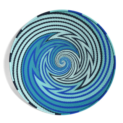 Handmade Fair Trade African Zulu Telephone Wire 12-inch Platter Basket, Intricate Swirl, African Ocean, Each One Unique