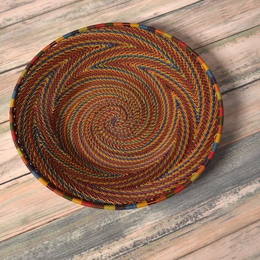 African Fair Trade Zulu Telephone Wire 8" Platter Basket, Painted Desert, Intricate Pattern