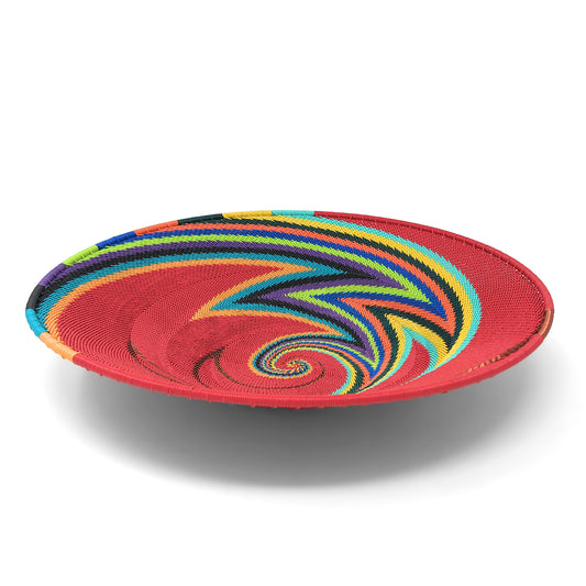 Fair Trade Zulu Telephone Wire 12-inch Platter Basket, Red Rainbow