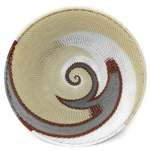 African Fair Trade Zulu Telephone Wire 9" Platter Basket, Silver Sea, Each One Unique (SS-24P-A)