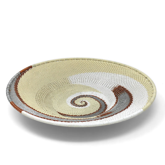 African Fair Trade Zulu Telephone Wire 9" Platter Basket, Silver Sea, Each One Unique (SS-24P-A)