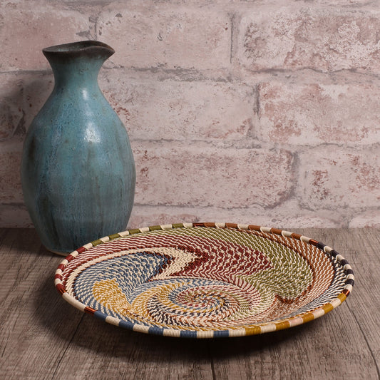 African Fair Trade Zulu Telephone Wire 8-inch Platter Basket, White Desert, Intricate Swirl Pattern (Each One Unique)