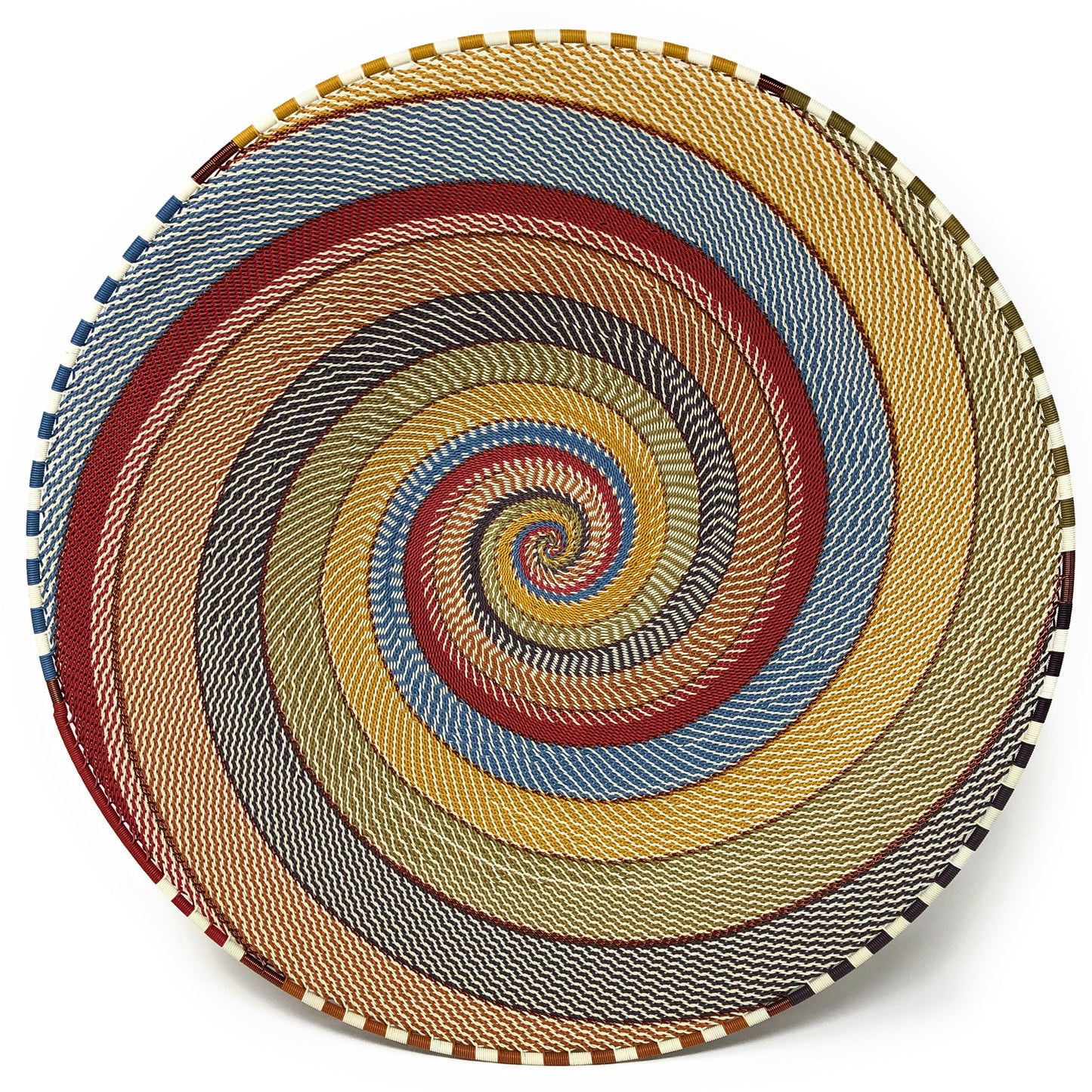 Fair Trade Zulu Telephone Wire 16-inch Platter Basket, Intricate Swirl Pattern, White Desert