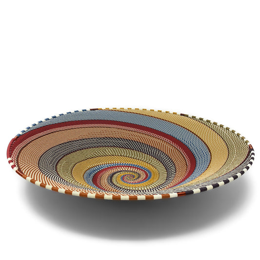 Fair Trade Zulu Telephone Wire 16-inch Platter Basket, Intricate Swirl Pattern, White Desert