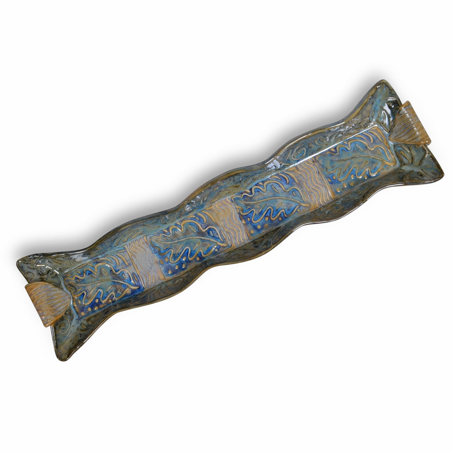 Terry Acker Pottery 14" Cracker Tray with Leaf Motif, Blue/Multi