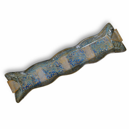 Terry Acker Pottery 14" Cracker Tray with Leaf Motif, Blue/Multi