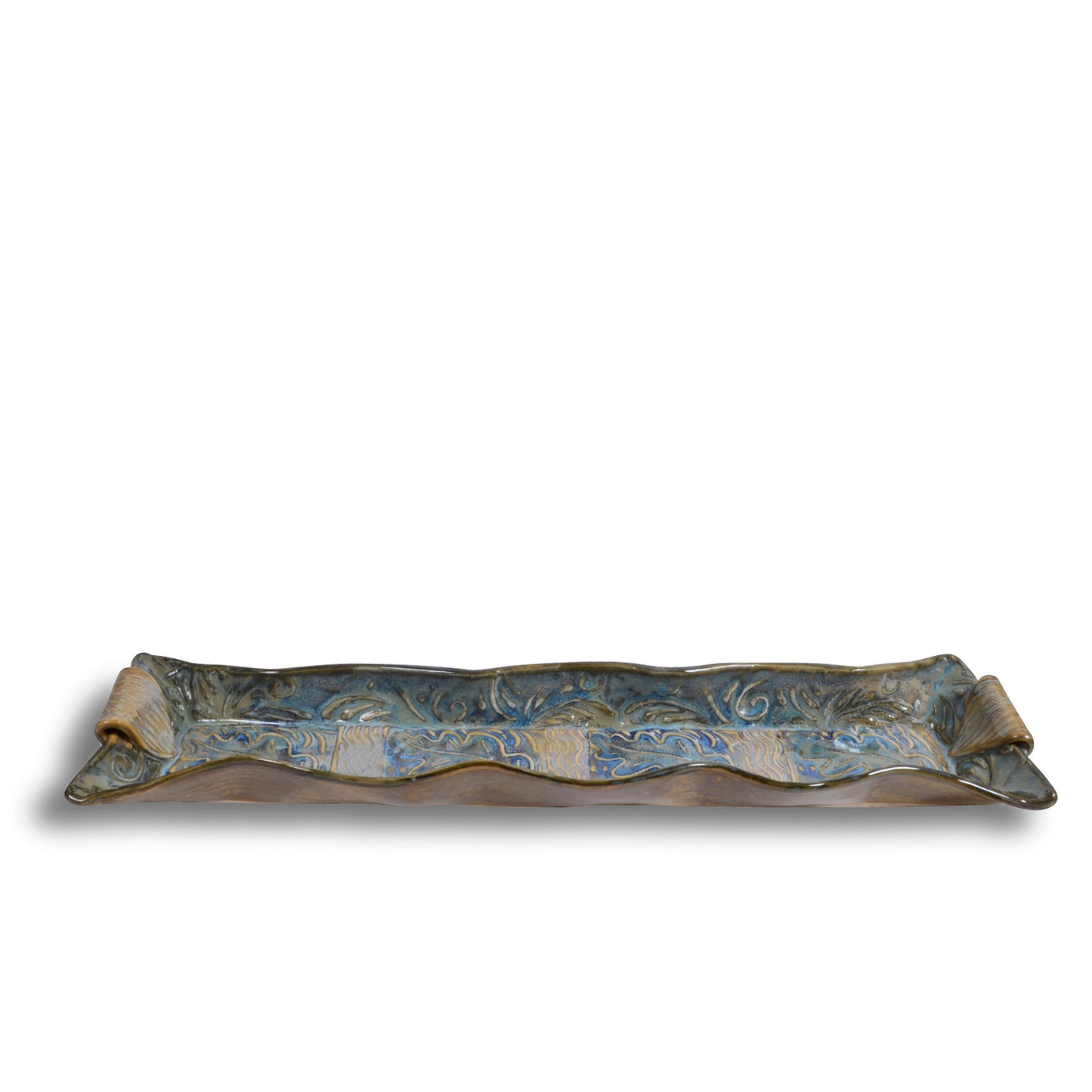 Terry Acker Pottery 14" Cracker Tray with Leaf Motif, Blue/Multi