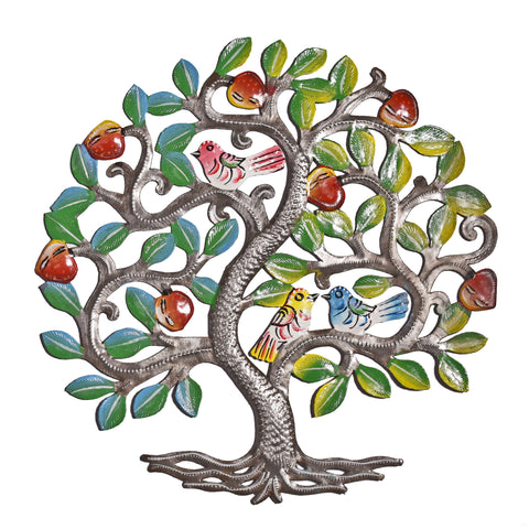 Tree of Life with Colorful Birds and Fruit 14" Steel Drum Wall Art, Fair Trade, Handmade in Haiti