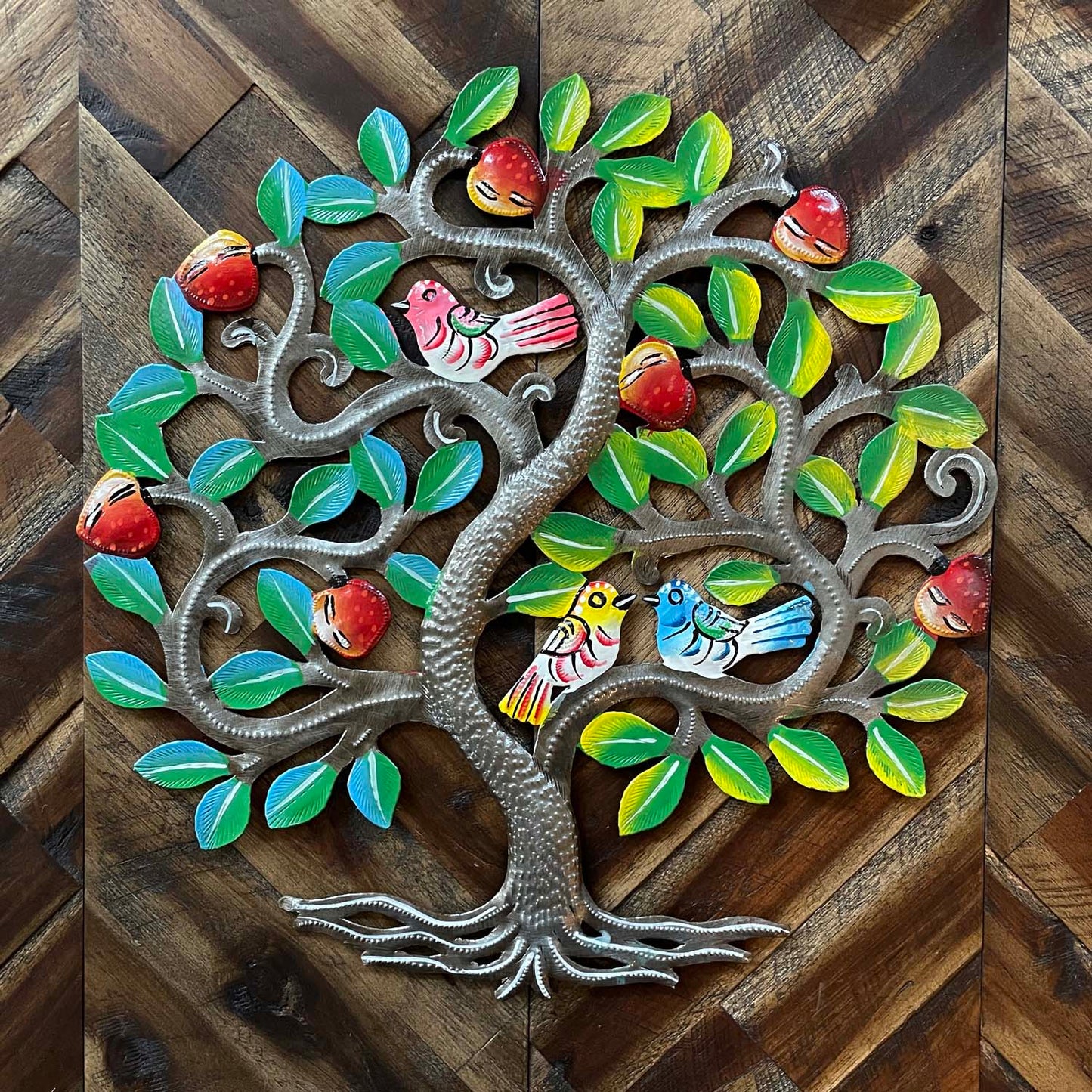 Tree of Life with Colorful Birds and Fruit 14" Steel Drum Wall Art, Fair Trade, Handmade in Haiti