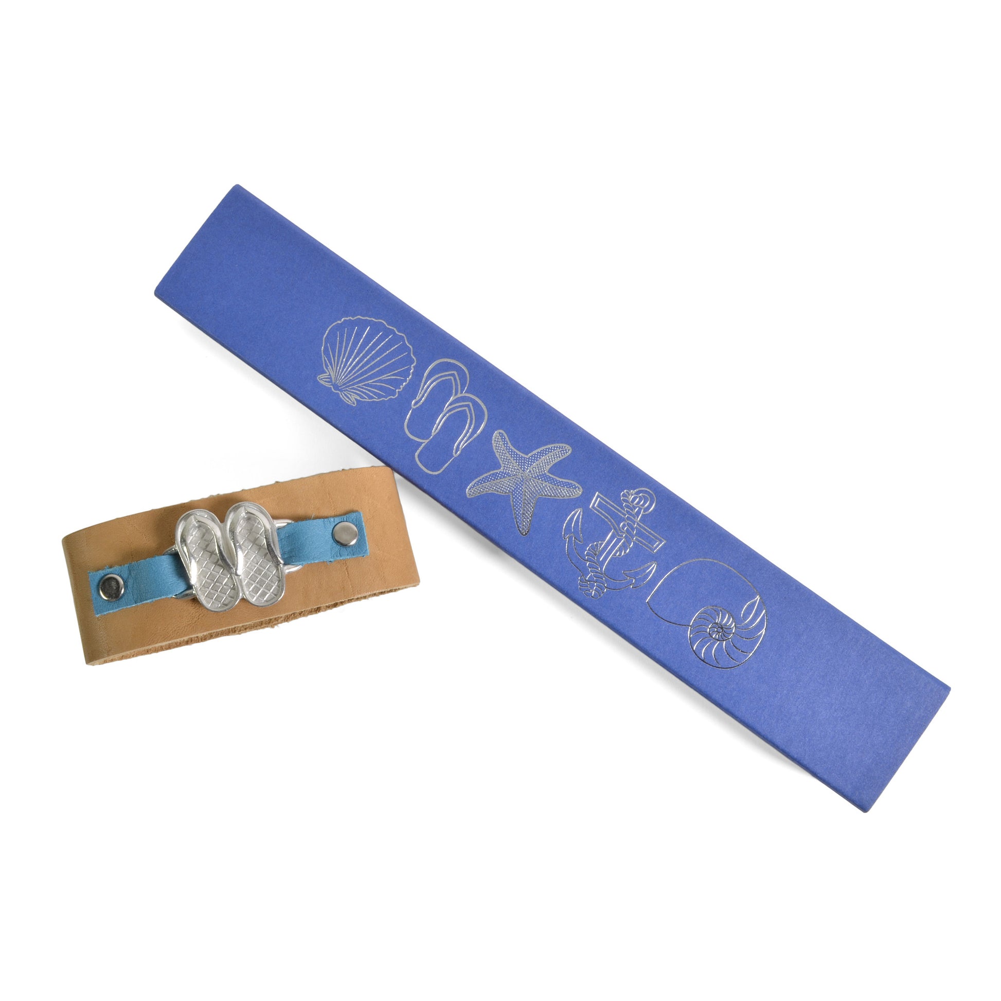 Vilmain Flip-Flops Cuff Bracelet with Rustico Leather Band, Blue/Light Brown - The Barrington Garage