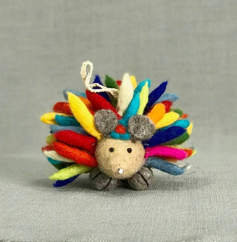 Fair Trade Organic Wool Felt Hedgehog Ornament, Handmade in Nepal, Multicolor
