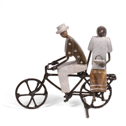 Couple on Bicycle Carved Stone and Recycled Metal Figurine, Handmade in Zimbabwe, Each One Unique