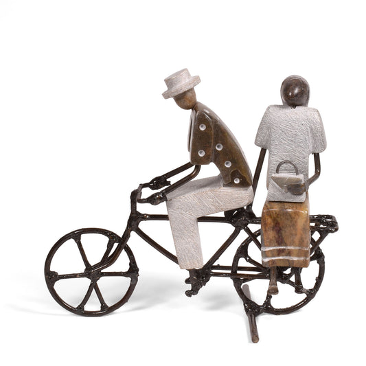 Couple on Bicycle Carved Stone and Recycled Metal Figurine, Handmade in Zimbabwe, Each One Unique