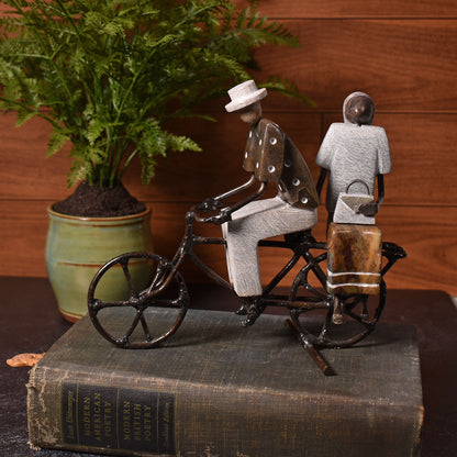 Couple on Bicycle Carved Stone and Recycled Metal Figurine, Handmade in Zimbabwe, Each One Unique